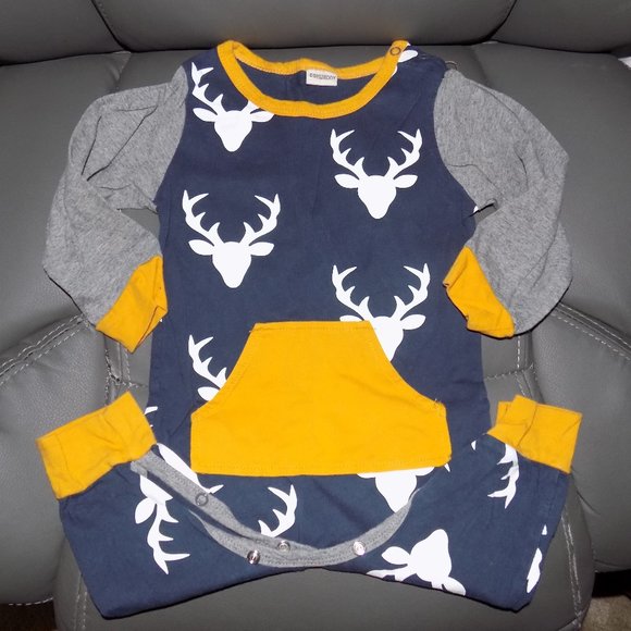 EGHUNOOY Navy/Gray/Gold Deer Rack Romper Size 100 - Picture 1 of 3
